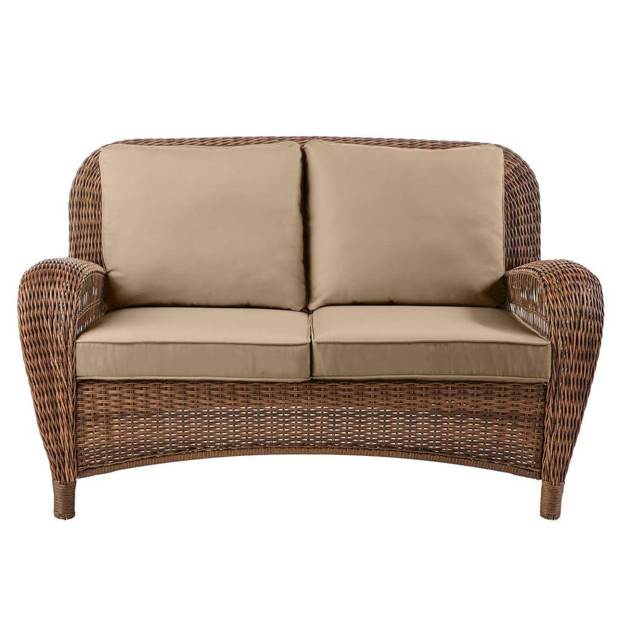 Hampton Bay Beacon Park Outdoor Patio Loveseat with Brown Wicker Frame and Standard Toffee Tan Cushions